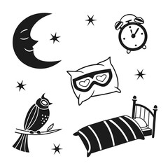 Sleepy Nighttime Icons With Moon Owl Pillow and Bed