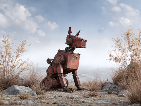 Rusty robot dog sits patiently in a desolate landscape. Symbolizes loyalty, resilience, futuristic nostalgia, or technological dependence. Great for scifi or conceptual themes.