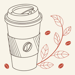 Coffee cup sketch with coffee beans and a leafy branch illustration