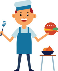 Cartoon chef holding burger and spatula with ingredients on a table