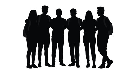 A group of young people standing together in a silhouette formation