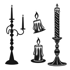 Vintage Candle Silhouettes With Flames Keywords: candle, silhouette, candlestick, vintage, flame
