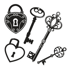 Vintage Heart Shaped Lock and Ornate Keys Collection