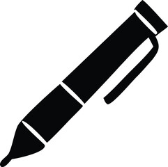 Simple black silhouette icon of a ballpoint pen symbolizing writing creativity and office supplies