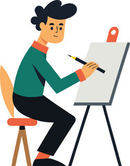 Cartoon artist drawing on easel with pencil in studio illustration