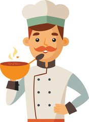 Cartoon Chef with Mustache Tasting Soup from a Bowl with a Spoon