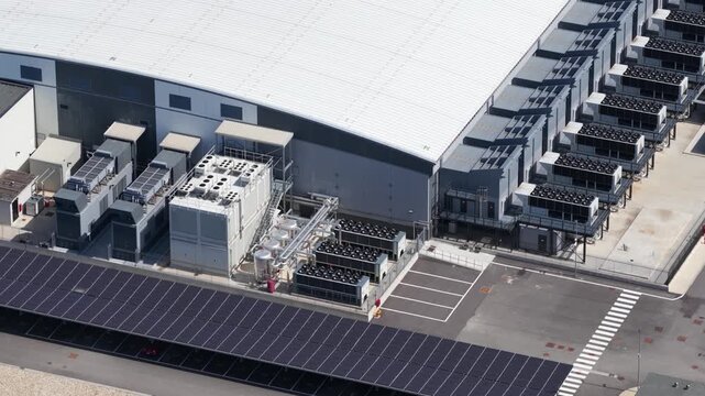 Close up details of data center, computing center, high consumption electricity. Cooling and emergency power.