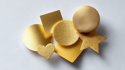 Obraz premium Golden geometric shapes on a white background. Circles, squares, star and heart shapes for awards, celebration, love or design concepts. Minimalist, modern.