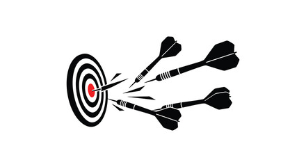 Darts in flight approaching a target with concentric rings black and white