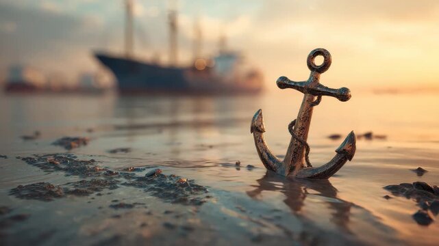 Symbolic anchor with ship in background
