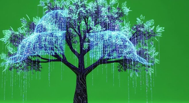 Digital data tree with binary code cascading down in a vibrant modern style, symbolizing growth, technology, and the flow of information