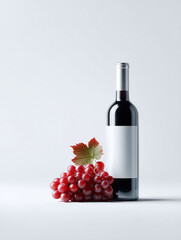 Obraz premium Elegant still life featuring a bottle of dark red wine with a blank label, paired with fresh red grapes. Perfect for wine marketing, restaurant ads, or showcasing organic food.