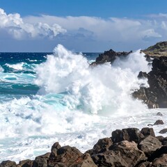 Powerful waves crashing on rocky shore