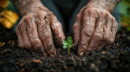 Elderly man gardening with weathered hands gently protecting small green seedling sprouting from dark rich soil in natural garden setting