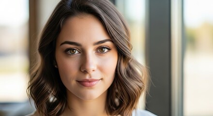 Serene Gaze: Close-up Portrait of a Young Woman with Warm Lighting and Soft Focus Background