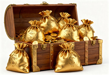 Treasure hunt revealed golden money bags in a wooden chest fantasy setting vibrant colors eye-level view