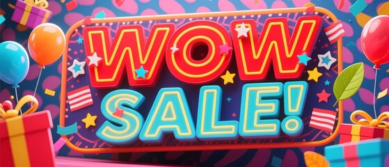 Announcing Huge Wow Sale Banner with Colorful 3D Text and Gifts for Website or Social Media