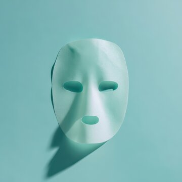Light green cosmetic facial sheet mask casting a hard shadow on a monochromatic teal background.