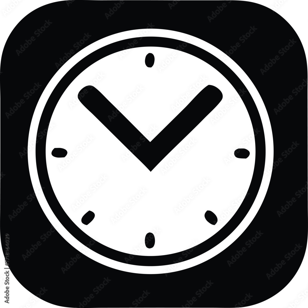 Poster classic analog clock icon with simple hour markers and bold hands indicating time on a dark square b