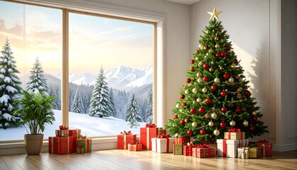 Christmas tree in a room with a mountain view