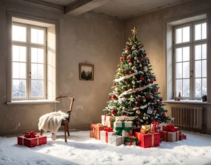 Christmas tree in a sunlit room