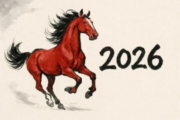 Red horse running, celebrating the year 2026, chinese zodiac sign, painted with ink on rice paper