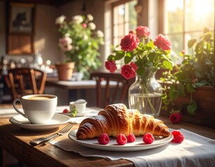 Breakfast scene in a sunny cafe