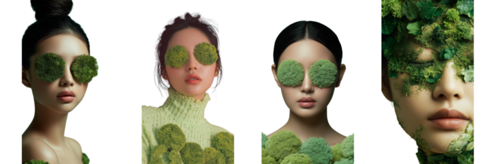Set of a Creative portrait of women with green moss and nature concept isolated on Transparent background
