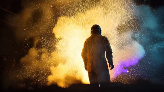 Industrial worker facing explosion scene
