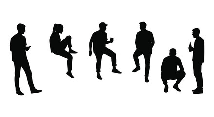 Silhouettes of six people in various casual poses against a white background