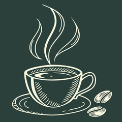 A steaming cup of coffee on a saucer with coffee beans against green background