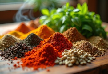 Vibrant Close-Up of Colorful Spices and Fresh Herbs Textured Organic Natural Arrangement