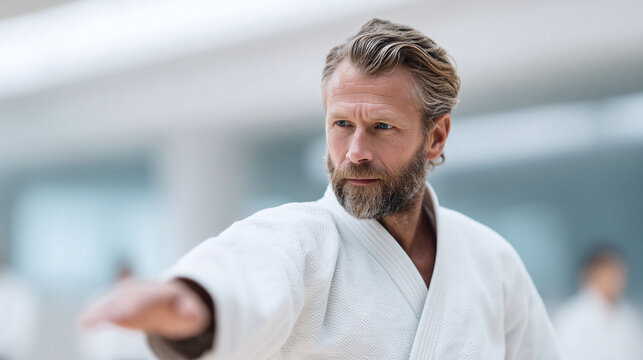 Focused man in martial arts uniform. A strong, confident portrait representing discipline, focus, and inner peace. Ideal for health, sports, and lifestyle concepts.