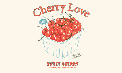 Cherry bucket drawing. Cherry fruit print. Cherry love. Organic food artwork for for t-shirt. Sweet fruit.