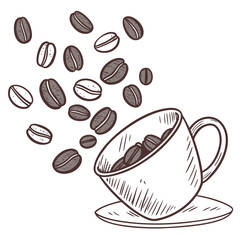 A cup of coffee with coffee beans