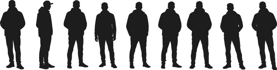 Silhouettes of diverse young men standing in casual clothing, representing a variety of styles and postures for everyday life scenes