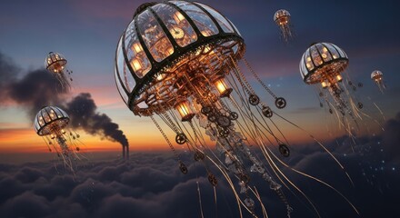 Steampunk Jellyfish Airships Ascend Through Dramatic Sunset Clouds Above Industrial Smog