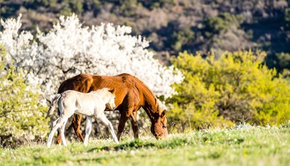 Chestnut mare and cream foal graze amidst blooming trees