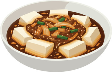 A close-up illustration of a bowl of savory tofu and vegetable stew, garnished with chopped green onions and sesame seeds.