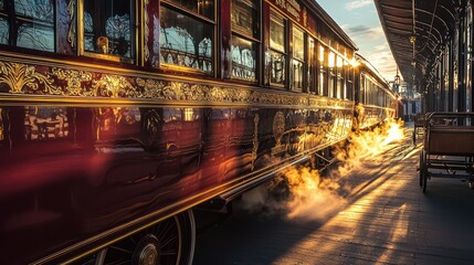 Obraz premium Luxurious vintage sleeper car with ornate golden brass detailing and steam at historic train station platform during dramatic golden hour lighting