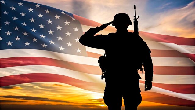 Silhouette of soldier saluting with american flag in patriotic background
 - Powered by Adobe