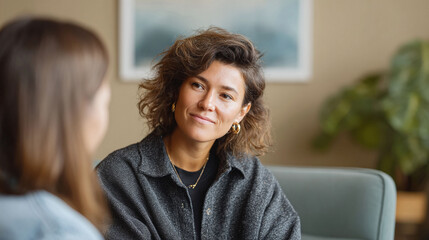Two women in conversation. The focus on a smiling woman, listening intently. Image conveys trust, friendship, or counseling. Suitable for mental health, business, or lifestyle content.