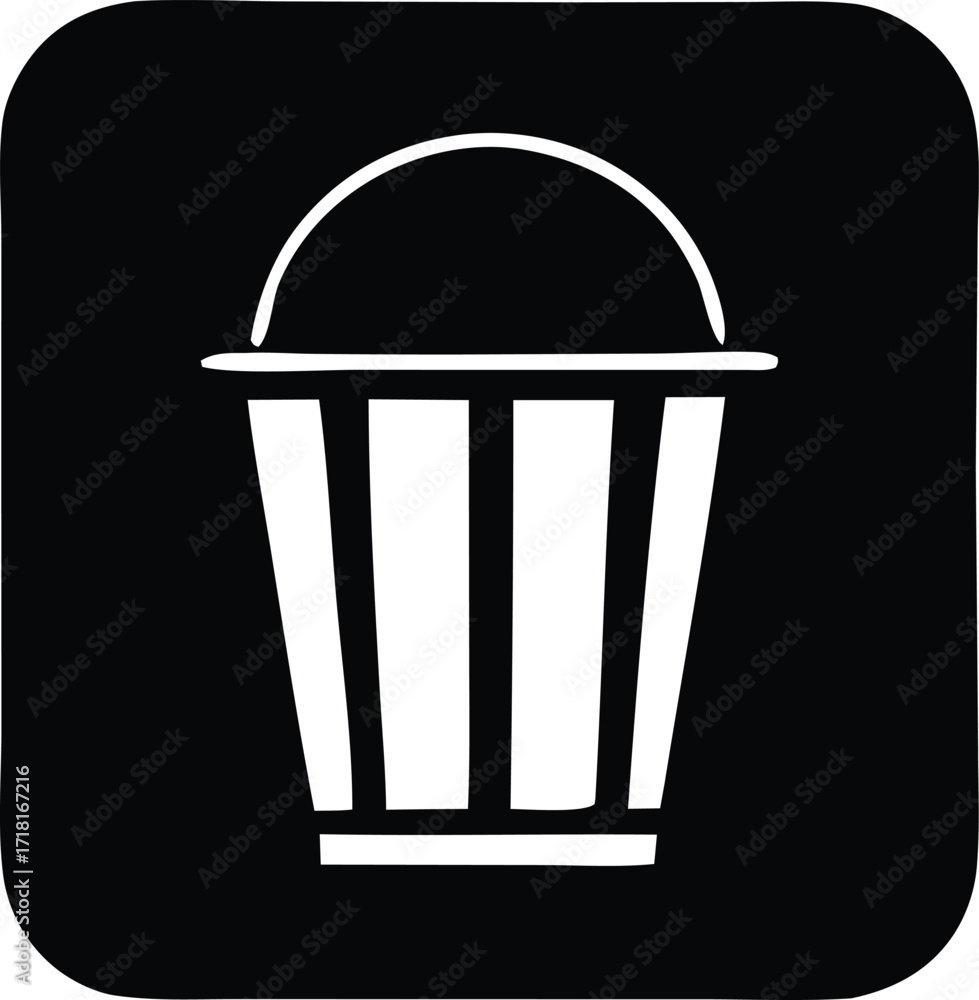Poster simple icon of a white bucket with a handle and stripes on a black square background for digital use