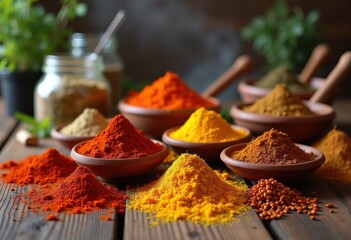 Vibrant Colorful Spices Displayed on Rustic Wooden Surface Creating a Feast for the Eyes and a Celebration of Flavorful Culinary Art
