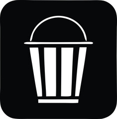 Simple icon of a white bucket with a handle and stripes on a black square background for digital use and design projects