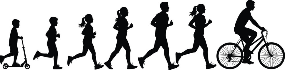 Silhouettes of people in motion, running and cycling figures, active lifestyle vector illustration, fitness and sports design set