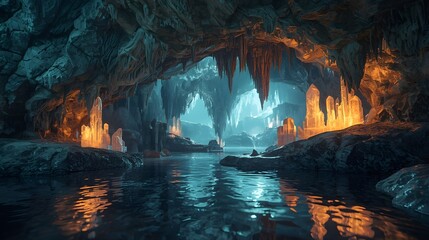 Surreal Crystal Cave with Glowing Minerals &ndash; Fantasy Abstract Background
