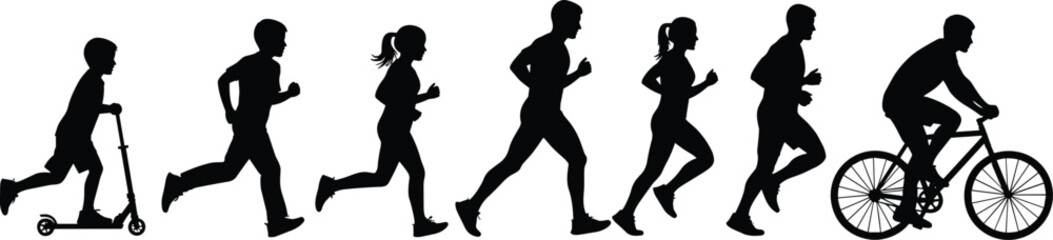Silhouettes of people in motion, running and cycling figures, active lifestyle vector illustration, fitness and sports design set
