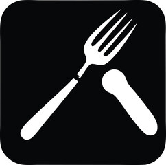 Simple white fork and spoon icon on a black square food service restaurant dining utensil symbol represents eating meal cuisine culinary art restaurant kitchen cafe bistro diner