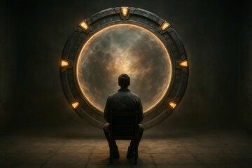 Astronaut sits before a large, activated portal, possibly observing another dimension or galaxy during a deep space exploration mission